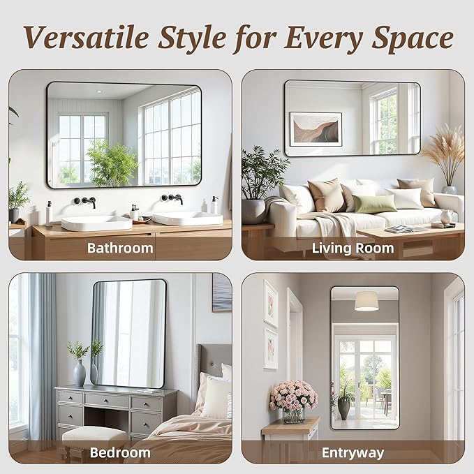 Bathroom Mirrors for Over Sink 55" x 30", Black Metal Frame Rounded Corner Rectangle Wall Mirror, Modern Farmhouse Vanity Mirror(Horizontal/Vertical)