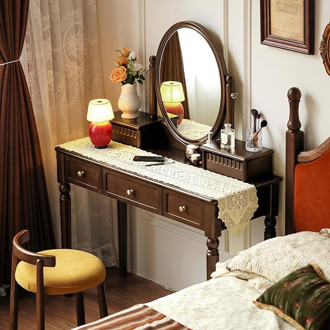 Solid Wood Vanity Desk with Mirror, Walnut Vintage Dressing Table for Bedroom, Antique Catalpa Makeup Table, 43" W x 18" D x 56" H