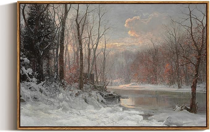 ARPEOTCY Vintage Framed Canvas Wall Art, Christmas Wall Art, Snow Straem River Tree Cloud Farmhouse Landscape Art Hanging Paintings for Living Room Bathroom Bedroom, 20x30 Inch