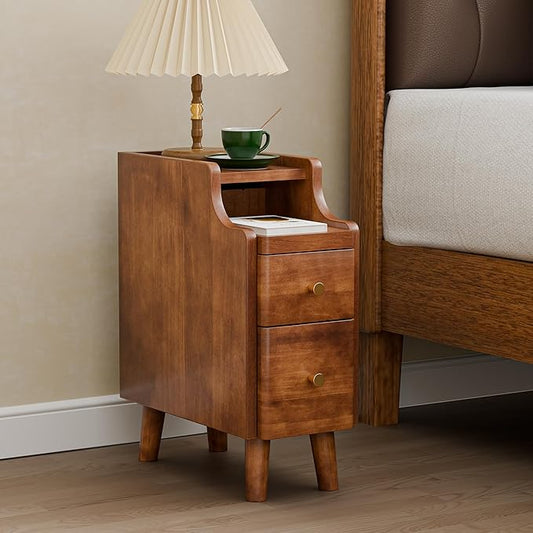 Narrow Nightstand with Drawers, 19.7" H Pre-Assembled Solid Wood Small Skinny Night Stand with Open Sliding Shelf, Mid Century Modern Slim Bedside Table for Bedroom, Sofa End Side Table, Walnut