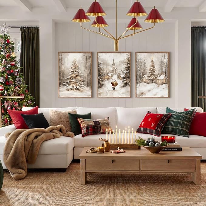 Christmas Wall Art Decor Winter Santa Pictures Vintage Christmas Canvas Poster Snowy Pine Trees Wall Art Xmas Forest Prints Santa Claus Painting Artwork for Bedroom Living Room 12x16x3 Inch Unframed