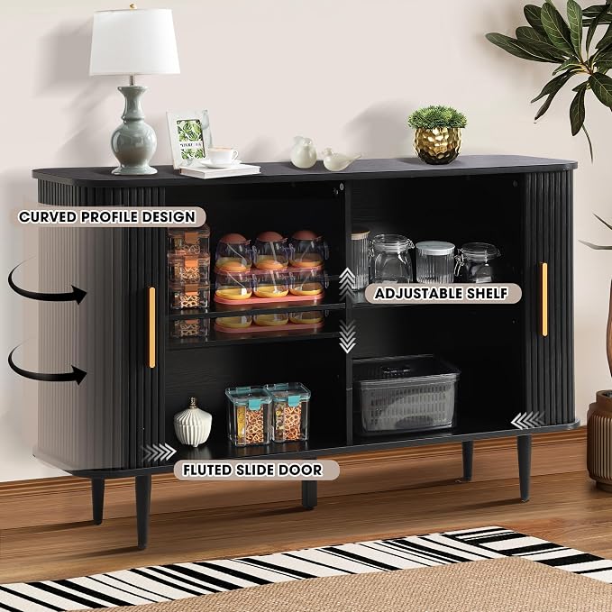Grepatio 47" Sideboard Buffet Cabinet with Fluted Slide Doors, Tambour Storage Cabinets with Adjustable Shelves, Credenza Console Mid Century for Living Room Hallway Entryway (Black)