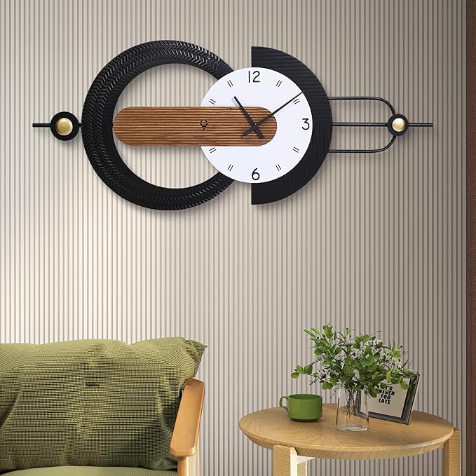 Modern Minimalist Wall Clocks,Black Metal & Wood Geometric Design Large Wall Clocks,Silent Non-Ticking Battery Operated,for Living Room Home Office Wall Art
