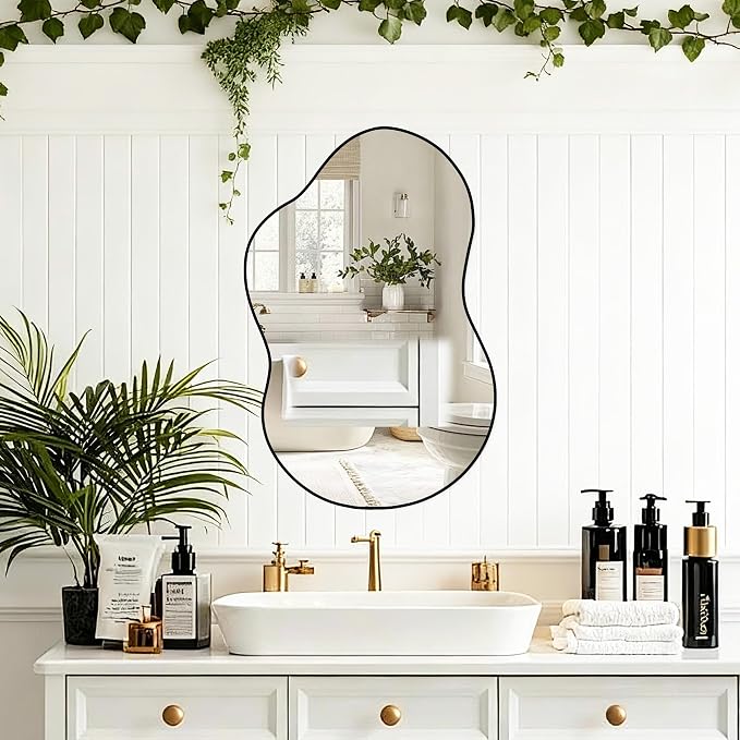 32"x20" Frameless Asymmetrical Irregular Bathroom Mirror, Wavy Vanity Wall Mirror for Modern Bathroom, Bedroom, Entryway, Living Room Decor