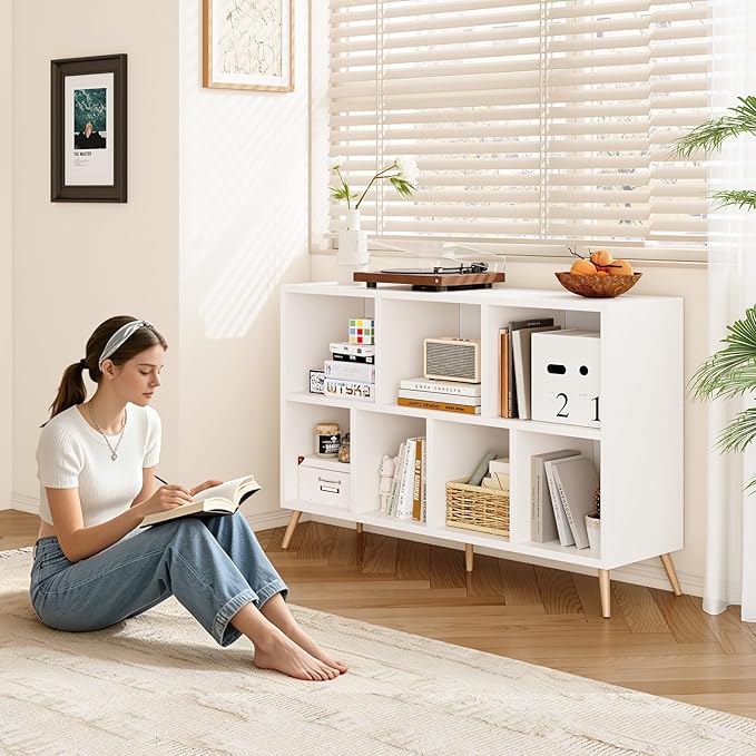 7-Cube Storage Organizer with Natural Wood Legs, Mid-Century Modern Bookcase and Display Cabinet, Freestanding Toy Storage Bookshelf for Living Room, Kids Room and Bedroom, White