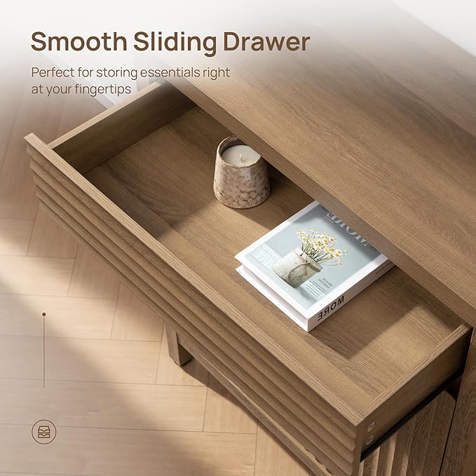 SICOTAS Fluted Buffet Cabinet with Storage - 58“ Large Sideboard Cabinet with Drawers & 3-Level Adjustable Shelf, Modern Credenza Coffee Bar Console Table for Kitchen Living Room Entryway, Caramel Oak