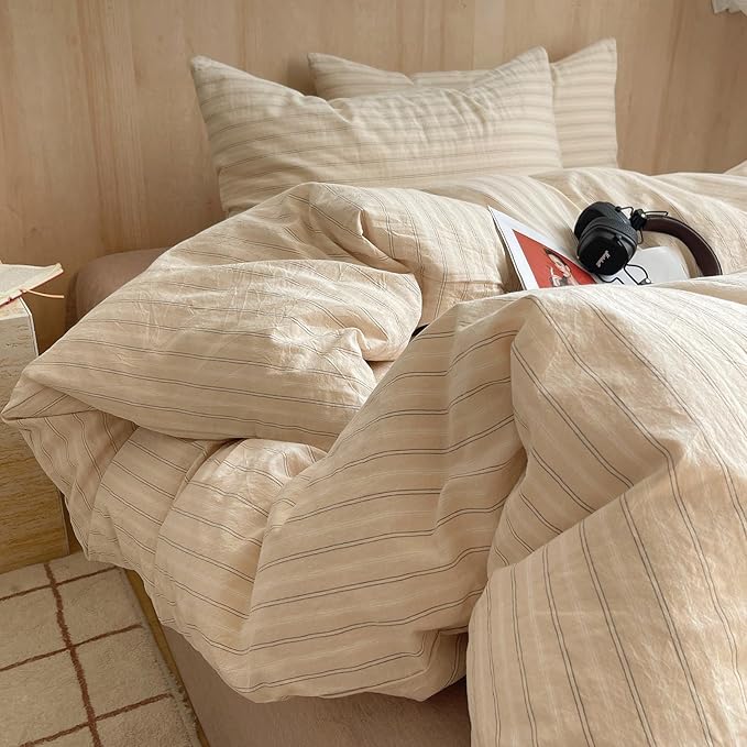 mixinni Retro Striped Duvet Cover Set Full Size - 100% Washed Cotton Beige Duvet Cover with Black White Stripes, Soft Breathable 3 Piece Comforter Cover with Zipper Closure & Corner Ties