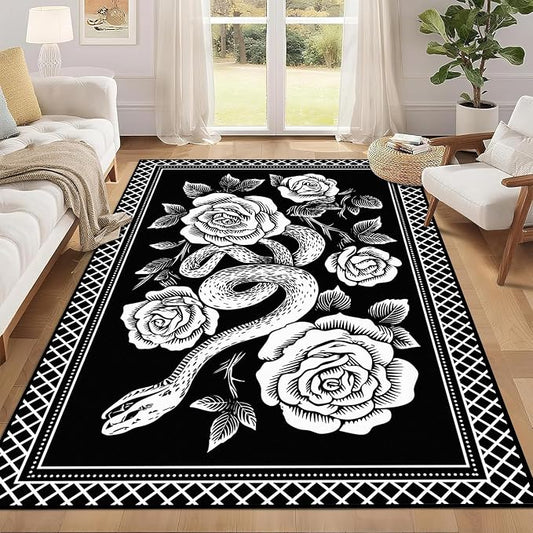 4'x6' Gothic Snake and Rose Area Rug Black and White Floral Vine Floor Mat Retro Boho Carpet Washable Low Pile Indoor Rugs for Entryway Bedroom Living Room Kitchen Home Decor