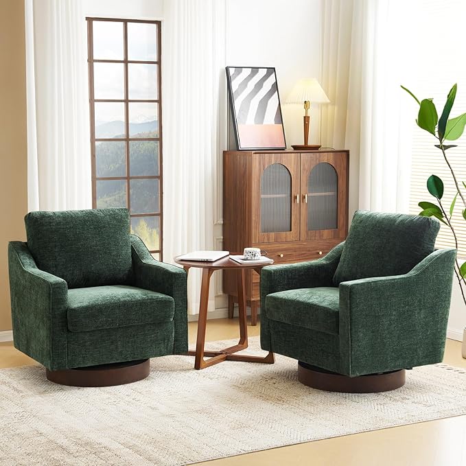 VINGLI Mid-Century Modern Swivel Accent Chairs Set of 2, 360°Upholstered Armchairs, Home Sofa with Track Arms for Living Room, Bedroom, Reading Room, Club Swivel Chairs, Chenille Green