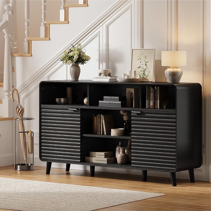 58 Inch Buffet Cabinet with Storage, Curved Buffet Sideboard w/2 Doors, Open Storage Shelf, Adjustable Shelves, Wooden Coffee Bar Cabinet for Kitchen, Living Room, Black