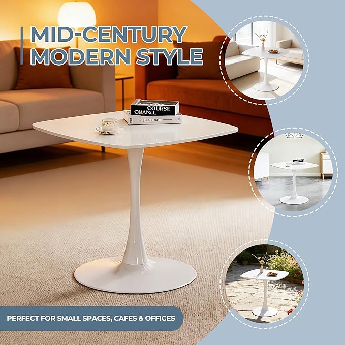 31.5" White Square Dining Table, Mid Century Tulip Table for 2-4 People,Kitchen Dining Table with MDF Tabletop and Pedestal Base