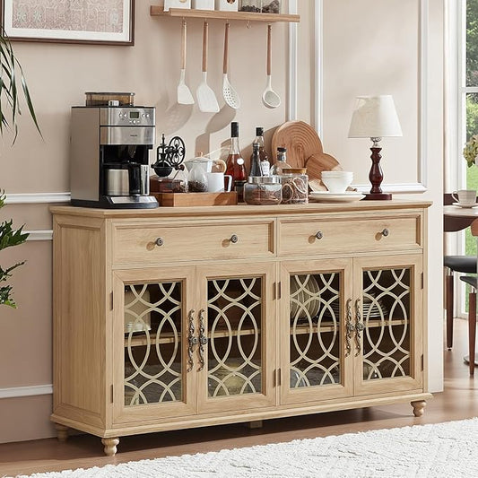 Large Sideboard Buffet Cabinet with Storage,59" Credenza with 4 Glass Doors & 2 Drawers,Adjustable Shelves Coffee Bar,Wood Kitchen Console Table for Dining Room,Living Room,Natural