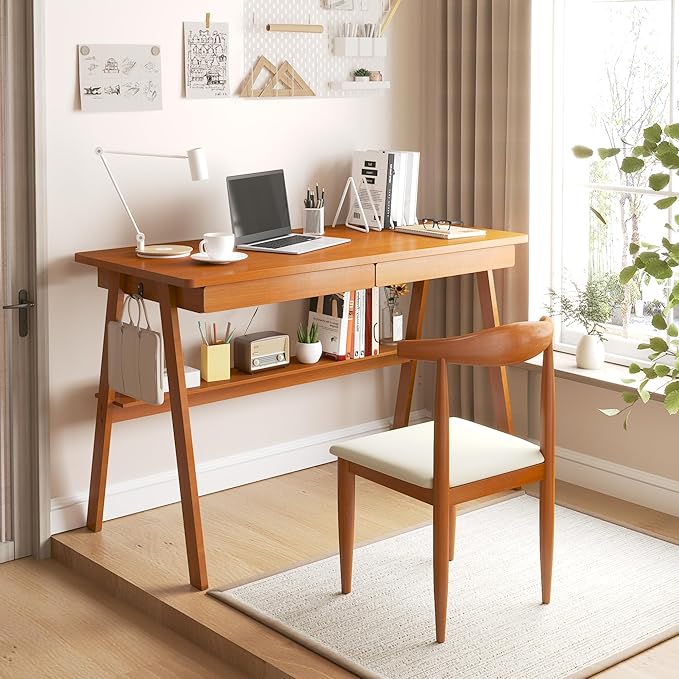 Solid Wood Desk with Drawers - 47.2 Inch Mid Century Modern Desks, Writing Desk with Storage Shelf, Home Office Desks for Bedroom & Home, Walnut Color