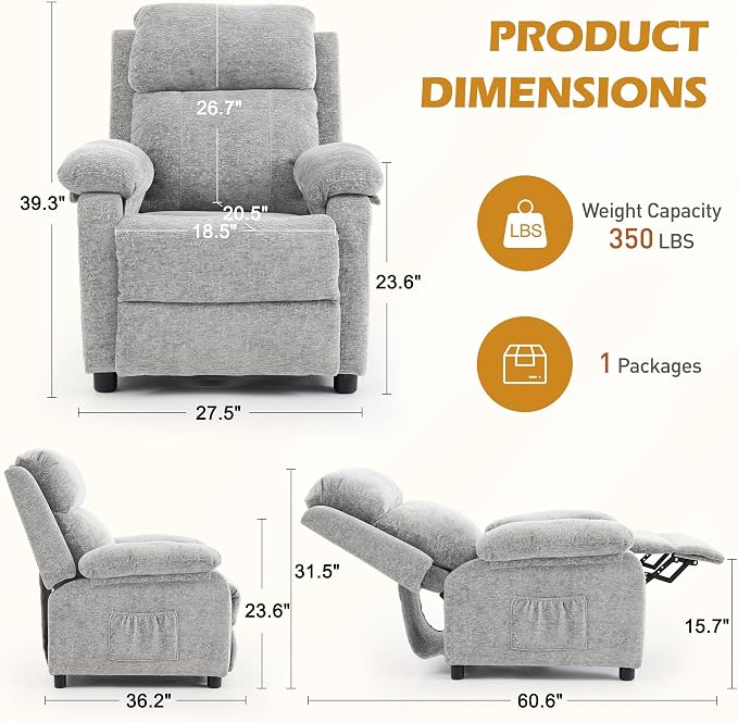 Korser Recliner Chair, Living Room Chairs for Adults, Padded Deep Seat Reading Chair with Side Pockets, Small Recliners for Small Spaces, Lounge Chair for Living Room, Bedroom, and RV (Chenille)