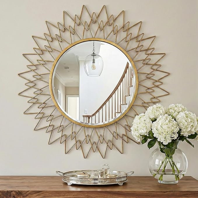 Gold Sunburst Round Wall Mirror 36", Decorative Circle Metal Frame Mirror, Large Decorative Circular Mirror for Living Room Wall Decor