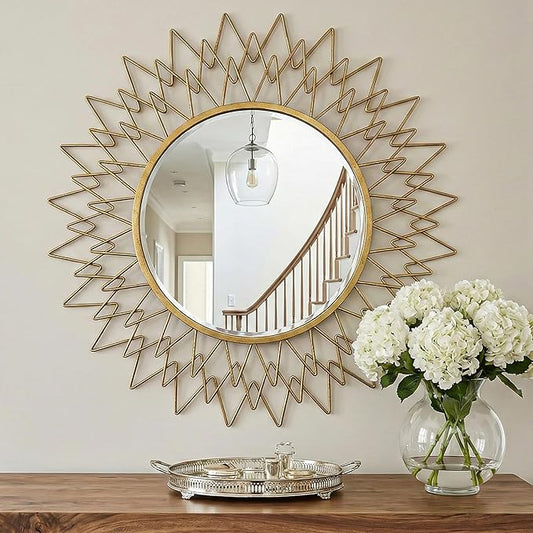 Gold Sunburst Round Wall Mirror 36", Decorative Circle Metal Frame Mirror, Large Decorative Circular Mirror for Living Room Wall Decor