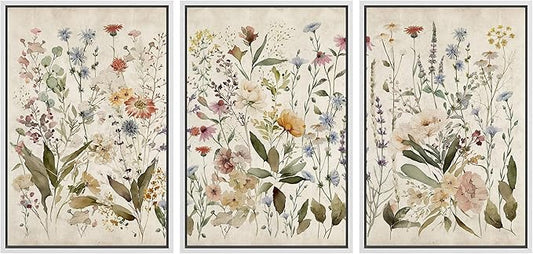 MUDECOR Framed Wall Art Print Set Blooming Wildflowers Illustrations Modern Art Decorative Colorful Chic for Living Room, Bedroom, Office - 16"x24"x3 White