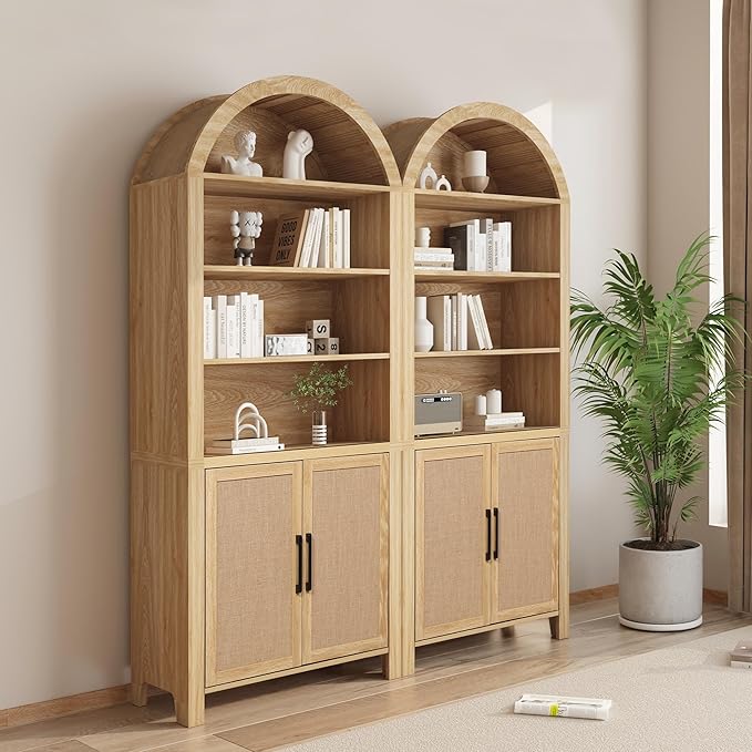Janmer Home 71" Tall Arched Bookcase with Storage, Modern 6-Tier Cabinet with Door, Arched Bookshelf Cabinet with Open Display Storage Shelf for Living Room (Natural, 71inch 2pcs-Doors)