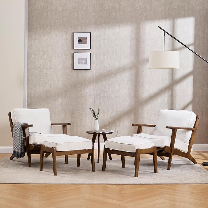 Living Room Accent Chairs Set of 2 Mid Century Modern Reading Arm Chair with Ottoman, Fabric Bedroom Chair with Soild Wood Frame, Elegant Upholstered Side Chair, Beige-Fabric