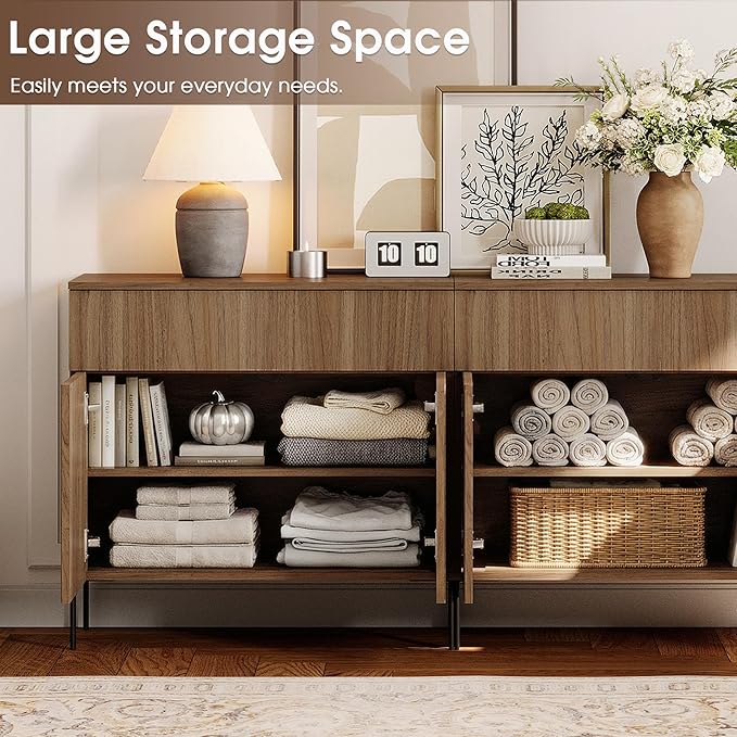 WAMPAT 94.5" W Large Sideboard Buffet Cabinet with Storage,3 in 1 Fluted Sideboard Buffet with 6 Doors, Wooden Buffet Table, Coffee Bar Wine Bar Cabinet for Dining Room, Living Room, Light Walnut