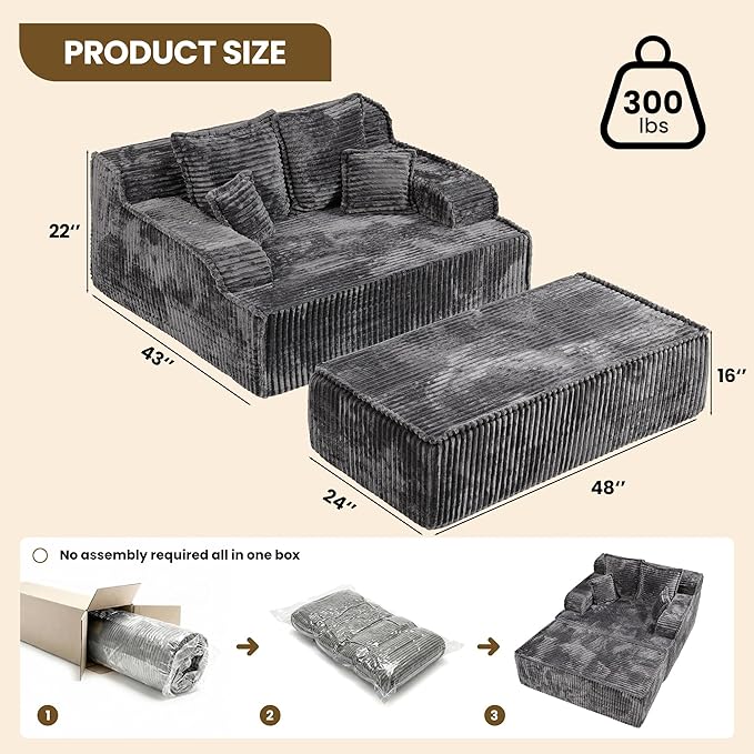 Chaise Lounge Chair Indoor,Boneless Chair with Ottoman,Comfy Reading Chair for Adults,Small Sofa Bed Couch for Living Room,Double Size,Grey