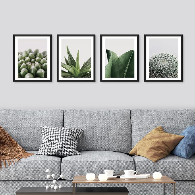 SIGNWIN Framed Tropical Island Wall Art, Set of 4 Green Desert Plant Cactus Snake Plant Wall Decor Prints, Nature Wilderness Wall Décor for Living Room, Bedroom - 12"x16" Black
