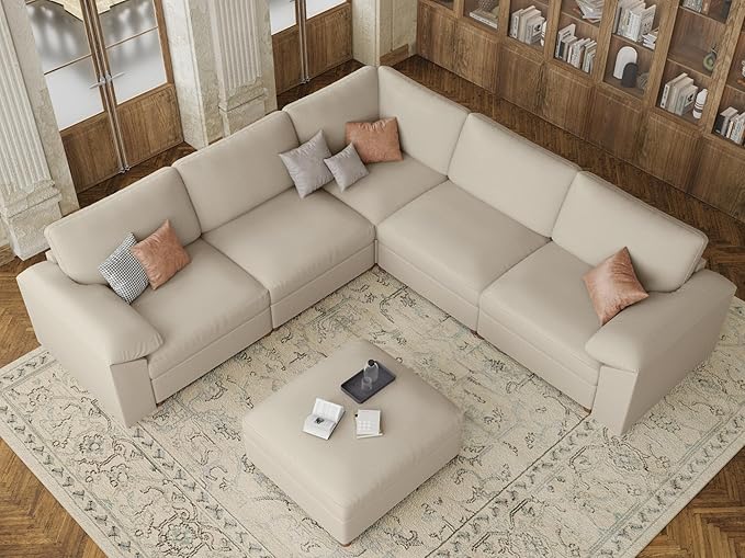 EASE MOOSE Oversized Modular Sectional Couch with Ottoman, Faux Leather Sectional Sofa with Deep Seat, Scratch Resistant Faux Leather Material, Extra Large L Shaped Couch,Beige