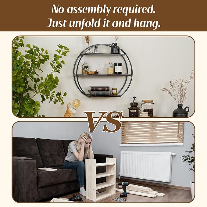 Industrial Style Semi-Circle Shaped Wall Shelves, 3 Tier Decorative Floating Ledge Shelves, Wall Mounted Metal Bracket Wooden Display Hanging Shelf