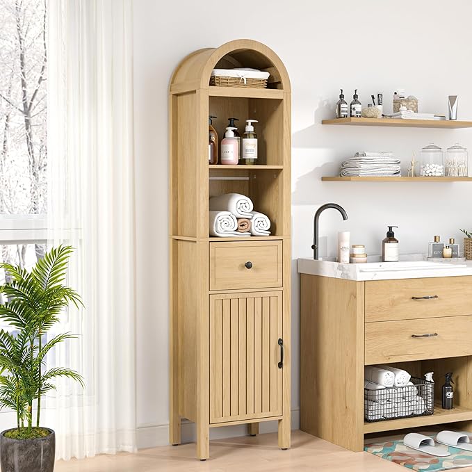 64" Tall Bathroom Storage Cabinet with Adjustable Shelves,Tall Narrow Arched Freestanding Tower Cabinet with Fluted Doors and Drawers,Space Saving Organizer for Bathroom Living Room (Oak)