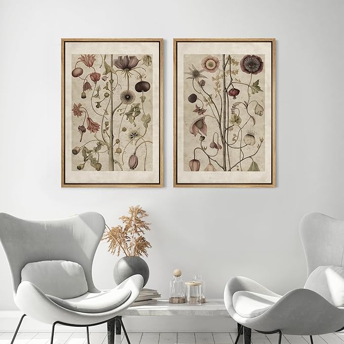 MUDECOR Framed Canvas Print Wall Art Wildflower Floral Botanical Nature Illustration Modern Art Decorative Multicolor Geometric Minimal for Bedroom - 24"x36"x2 Natural