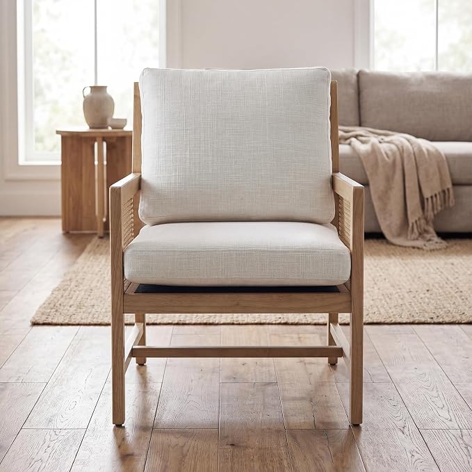 chairus Mid-Century Modern Accent Chairs Set of 2, Upholstered Solid Wood Armchairs with Cane Armrests & Slat Back, Comfy Rattan Reading Chairs for Living Room Bedroom Guest Room, Cream White Linen
