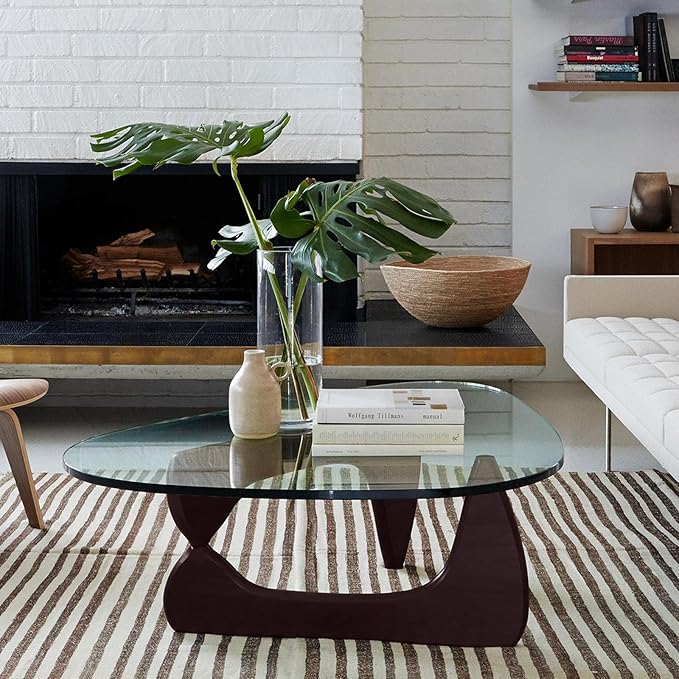 Triangle Glass Coffee Table Modern Coffee Table, with Vintage Clear Glass, and Solid Wood Base, End Table for Living Room, Office, Balcony, Patio (Dark Walnut)
