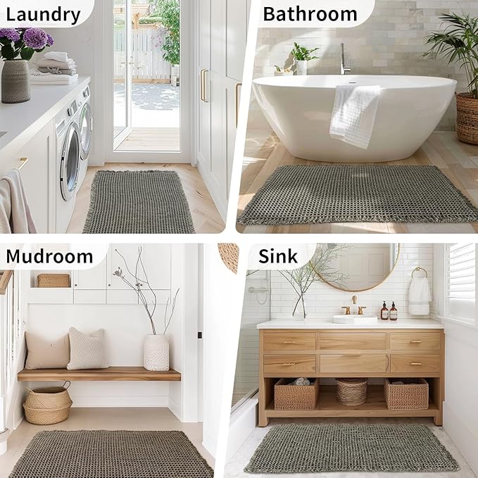 Waffle Bath Mat - Boho Bathroom Rugs Non Slip Washable, Super Absorbent & Quick Dry, Soft Bath Mat Farmhouse Bathroom Decor, 20'' x 32'', Olive Green