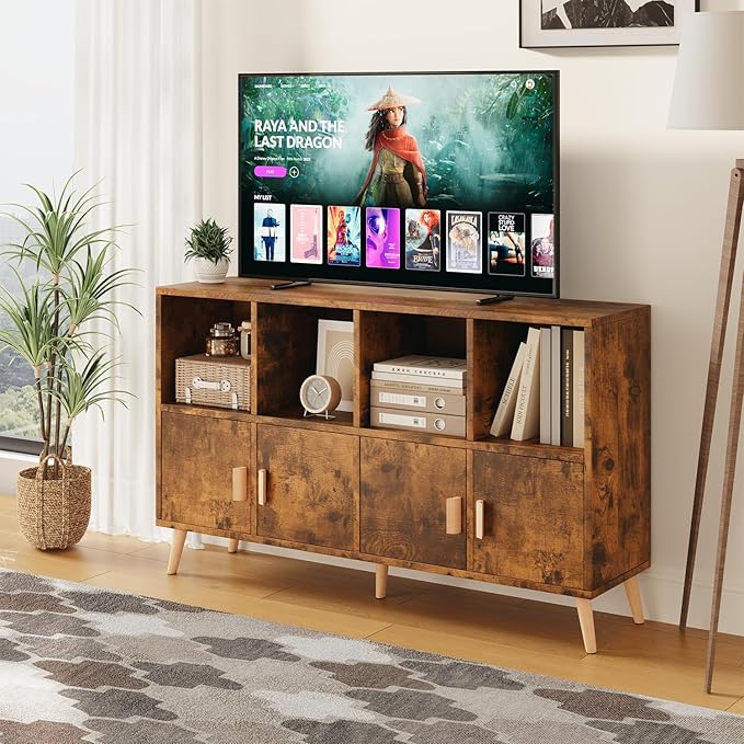 8-Cube Storage Organizer with Doors & 5 Solid Wood Legs, Mid-Century Modern Bookshelf with Seamless Top, Horizontal Cubby Toy Storage for Kids, Sideboard Media Console fits 11" Bins, Rustic Brown