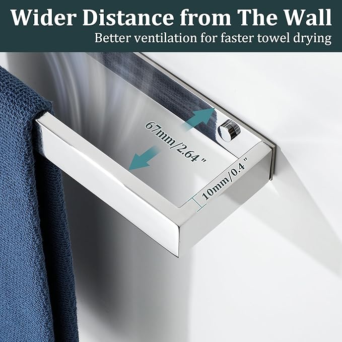 Sayayo Chrome Towel Bar for Bathroom Wall, 8 Inch Hand Towel Holder, Screw or Self Adhesive Towel Ring Square SUS304 Stainless Steel, 3.2 Inch Wider Design