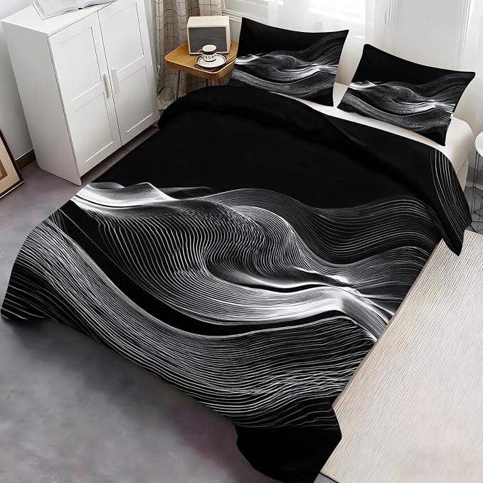 Black White Duvet Cover Full Size, Psychedelic White Wavy Stripes Bedding Set 3 Piece, Modern Abstract Geometric Line Patterned Comforter Cover with Zipper Soft Microfiber, 2 Pillowcases