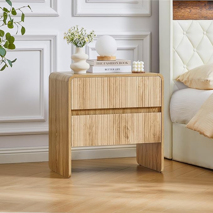 BERRYMERRY Flute 2 Drawer Dresser,Mid Century Modern Small Nightstand with 2 Drawer for Bedroom, Wood Side Table with Curved Profile for Living Room,Hallway,Enterrway