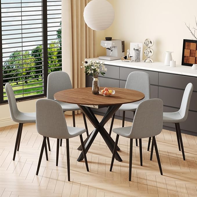 Round Dining Table Set for 6, 43-59" Extendable Dining Room Table Set, Walnut Wood Grain Table and 6 Light Gray Linen Upholstered Chairs Set, Mid Century Modern Kitchen Table Set with Cross Legs
