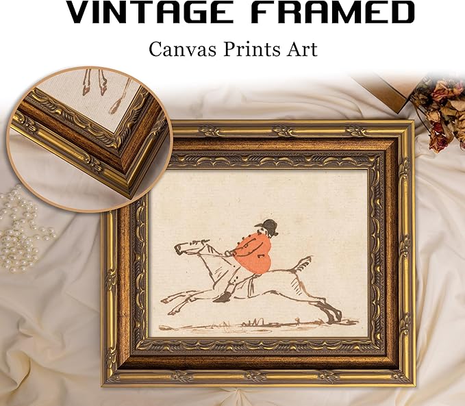 Vintage Gold Framed Hunting Equestrian Canvas Wall Art Horse and Rider Wall Decor Riding Horse painting Picture Retro Rustic Farmhouse print artwork for Farmhouse Bedroom Living Room 9X11in