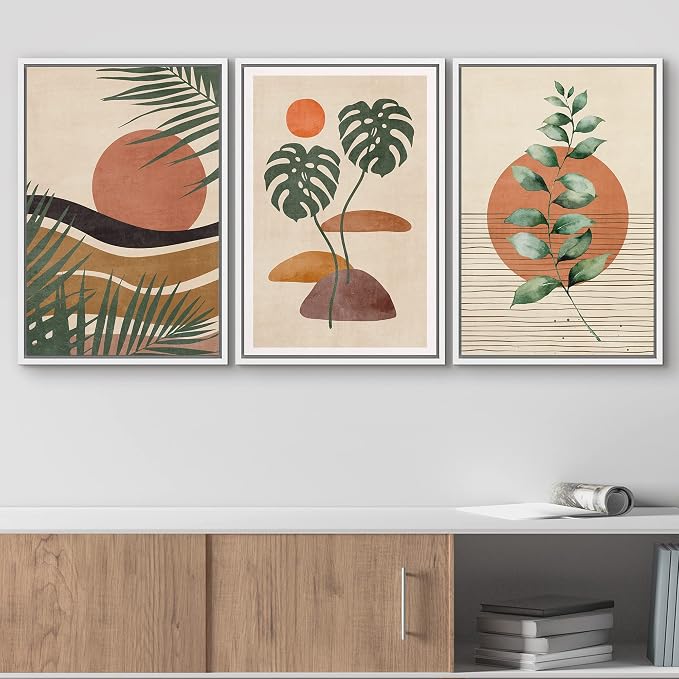 wall26 Framed Canvas Print Wall Art Set Boho Mid-Century Tropical Plant Collage Abstract Shapes Digital Art Modern Art Decorative Minimal Relax/Zen for Living Room, Bedroom, Office - 16"x24"x3 White