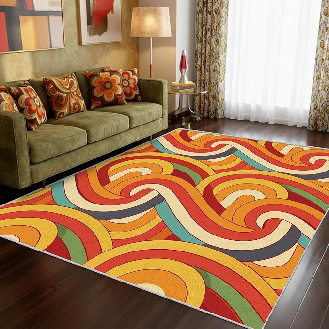 70s Retro Rug 3x5 Abstract Striped Groovy Hippie Pattern Area Rugs for Living Room, Bedroom, 70s Retro Home Decor Accessories Indoor Carpet, Non Slip & Machine Washable, GD0324