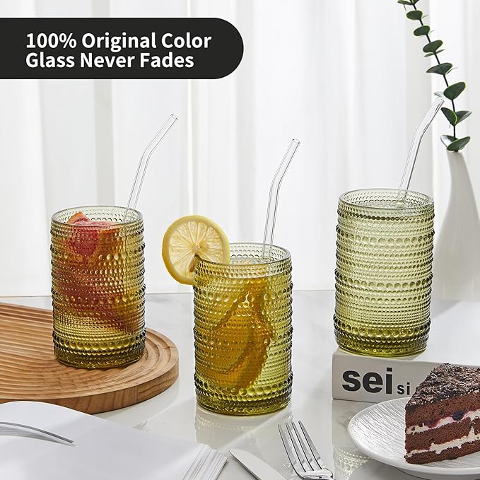 Vintage Hobnail Drinking Glasses Set of 12, 15 oz Highball Glasses & 12 oz Cocktail Glasses Set, Green Kitchen Water Glasses Cup, Bar Tumbler Glassware Set for Beer, Juice, Whiskey, Milk