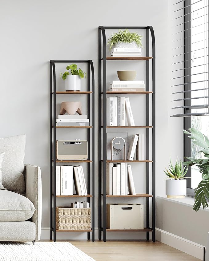 Hzuaneri Bookshelf Narrow Bookcase, Tall Storage Rack with Steel Frame, Display Standing Shelf Unit, Skinny Book Shelf for Study Living Room Home Office, Industrial Style, 6-Tier Rustic Brown BC56401B