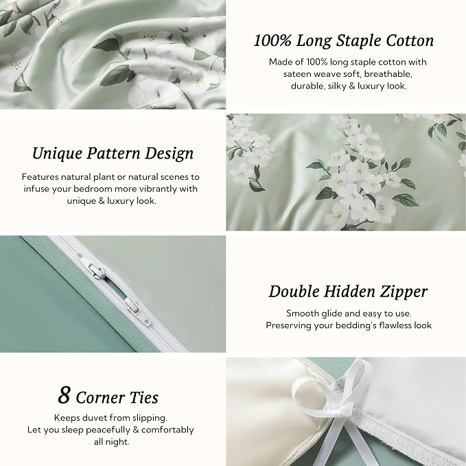 MILDLY King Size Duvet Cover Set 100% Long-Staple Cotton Luxury Sage Green Floral Patten Reversible Comforter Cover Set 3Pcs