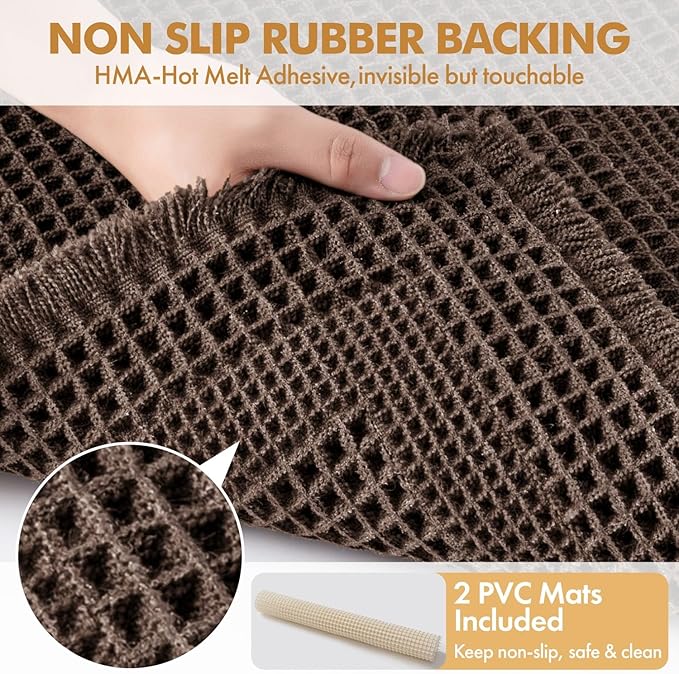 MIULEE Set of 2 Waffle Bathroom Rugs, Boho Bath Rug Super Absorbent, Non Slip Washable Ultra Soft Rubber Backed Shower Bath Mats for Floor, Tub, Shower, Looped Design, Chocolate, 17"x24"+18"x30"