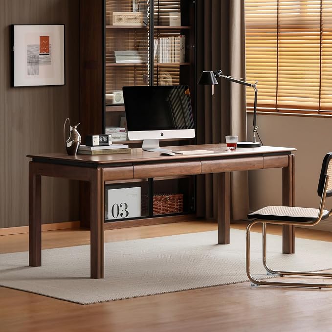 100% Solid Wood Desk, Mid Century Modern Walnut Finish Home Office Computer Writing Desk with Drawers Perfect for Study & Living Room 47.24" W
