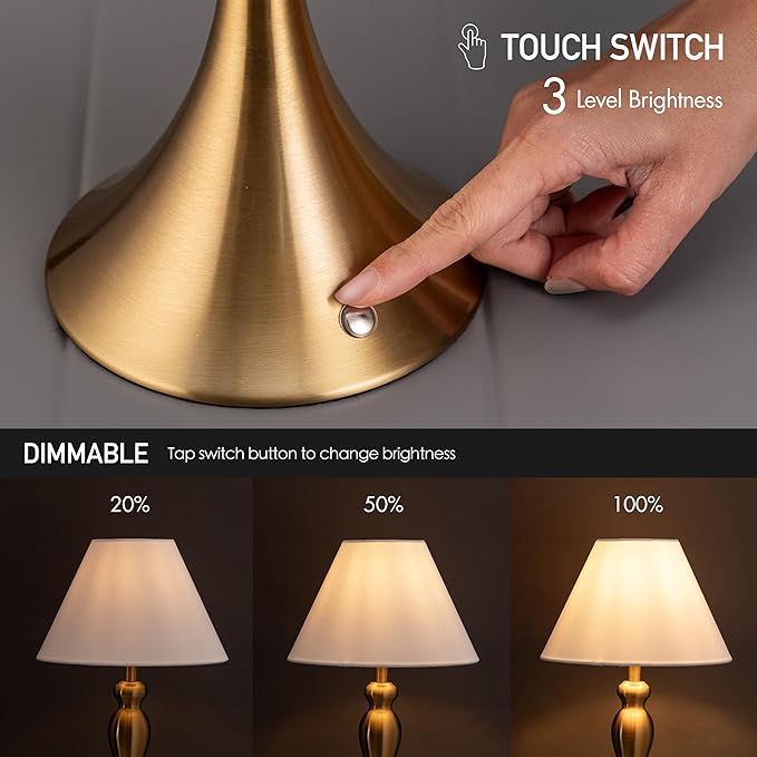 O'Bright Ember Cordless Table Lamp – Rechargeable, Touch Dimmable, Battery Operated, E26 LED Bulb, Type-C Fast Charging, Portable Lamp for Bedroom, Living Room, Office, Antique Brass