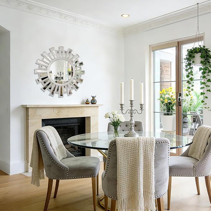 Round Mirrors for Wall Decor, 24" Sliver Sunburst Mirror,Starburst Mirror for Living Room,Hallway,Bedroom Fireplace