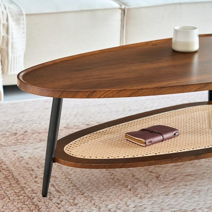 Saint Mossi Oval Wood and Rattan Coffee Table for Living Room, Mid-Century Modern Wood Coffee Table, Center Table for Small Space, Wanlut and Rattan Board, D47xW23.6xH15