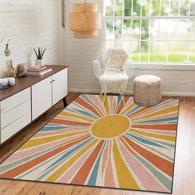 Area Rugs 2'x3' Washable Rug, Boho Retro Sunburst Stain Resistant Non Slip Backing Vintage Sunshine Carpet for Living Room Bedroom Dining Room